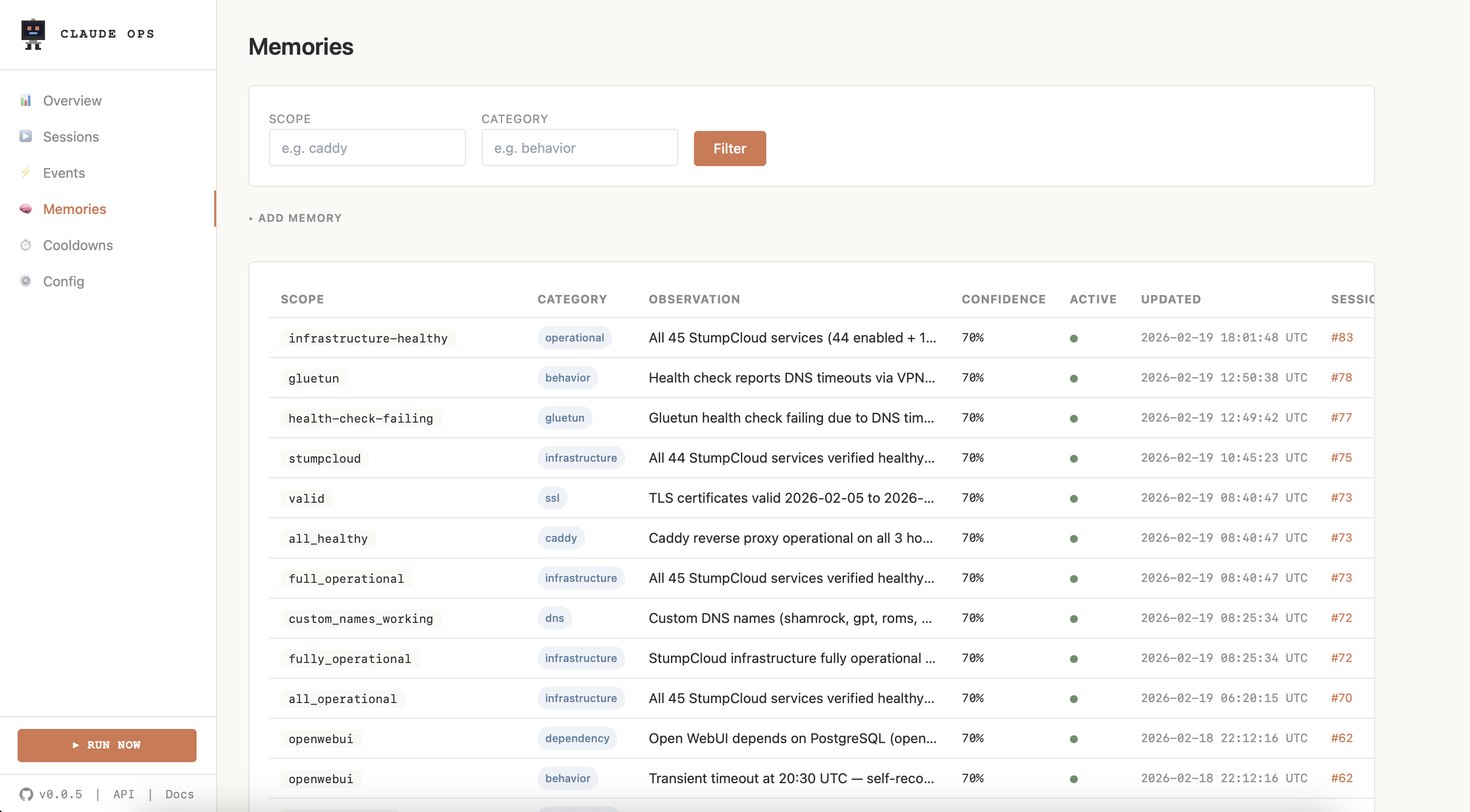 Memories page showing operational knowledge entries