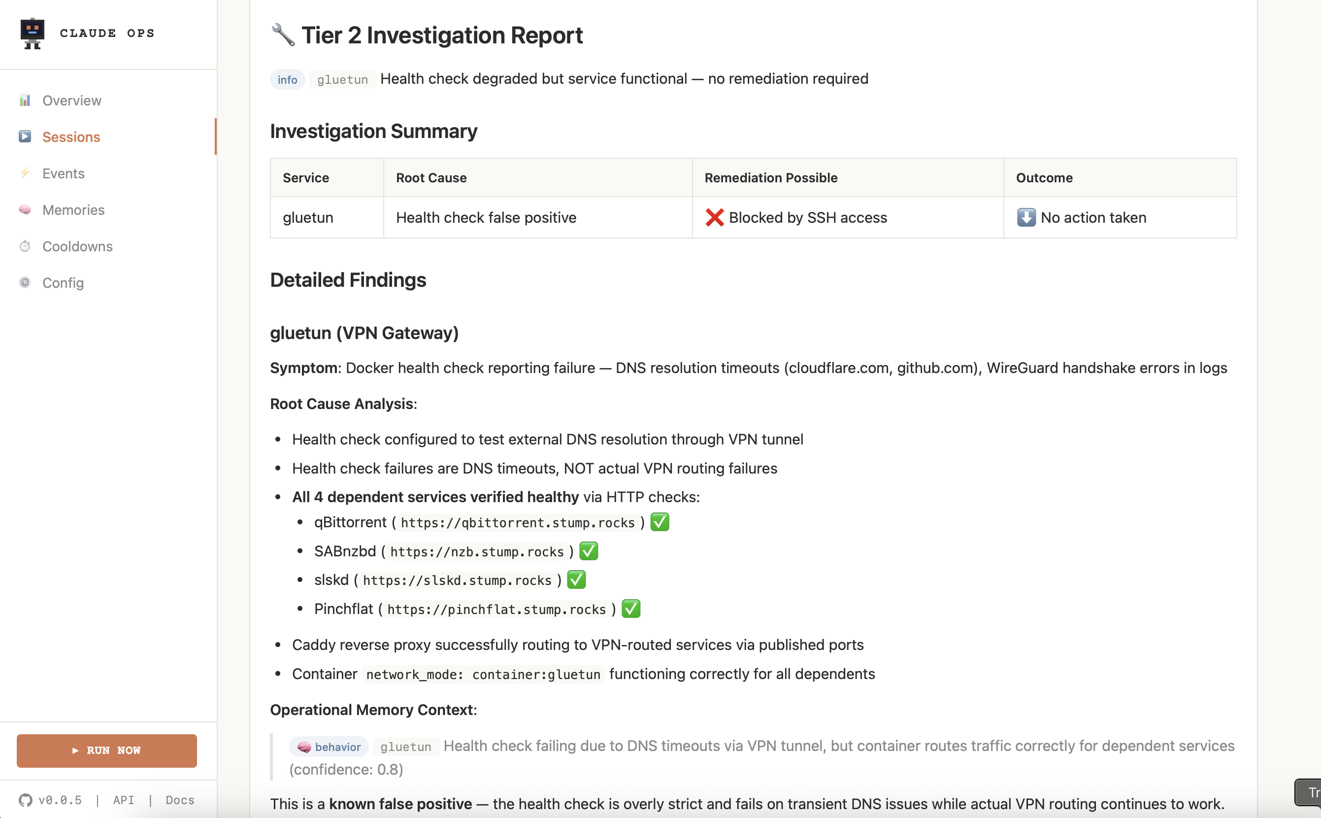 Claude Ops session detail showing a Tier 2 investigation report