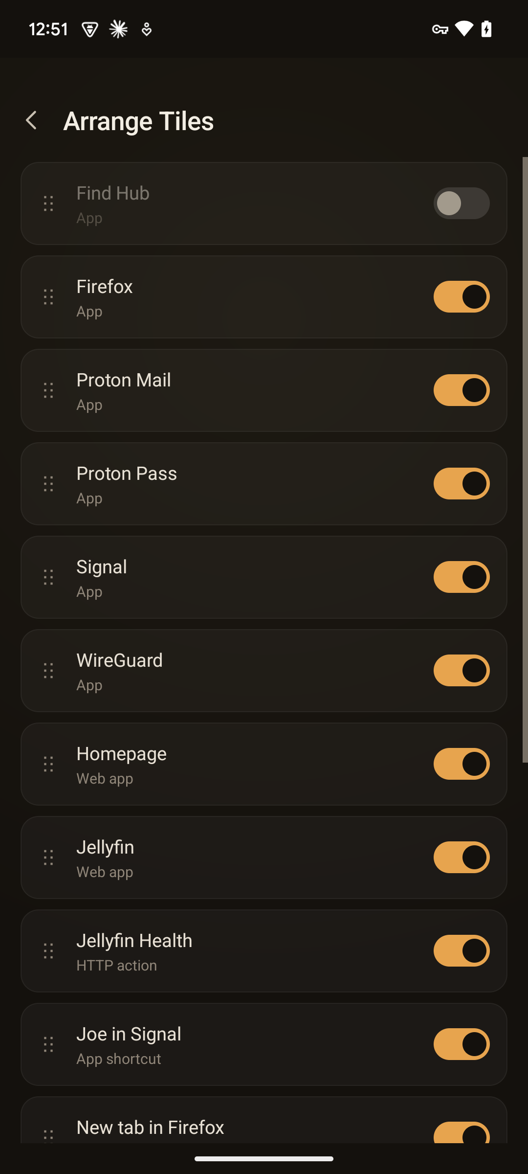 The Arrange Tiles screen — every tile a drag-handle row with an on/off switch; two are toggled off and dimmed, the rest on