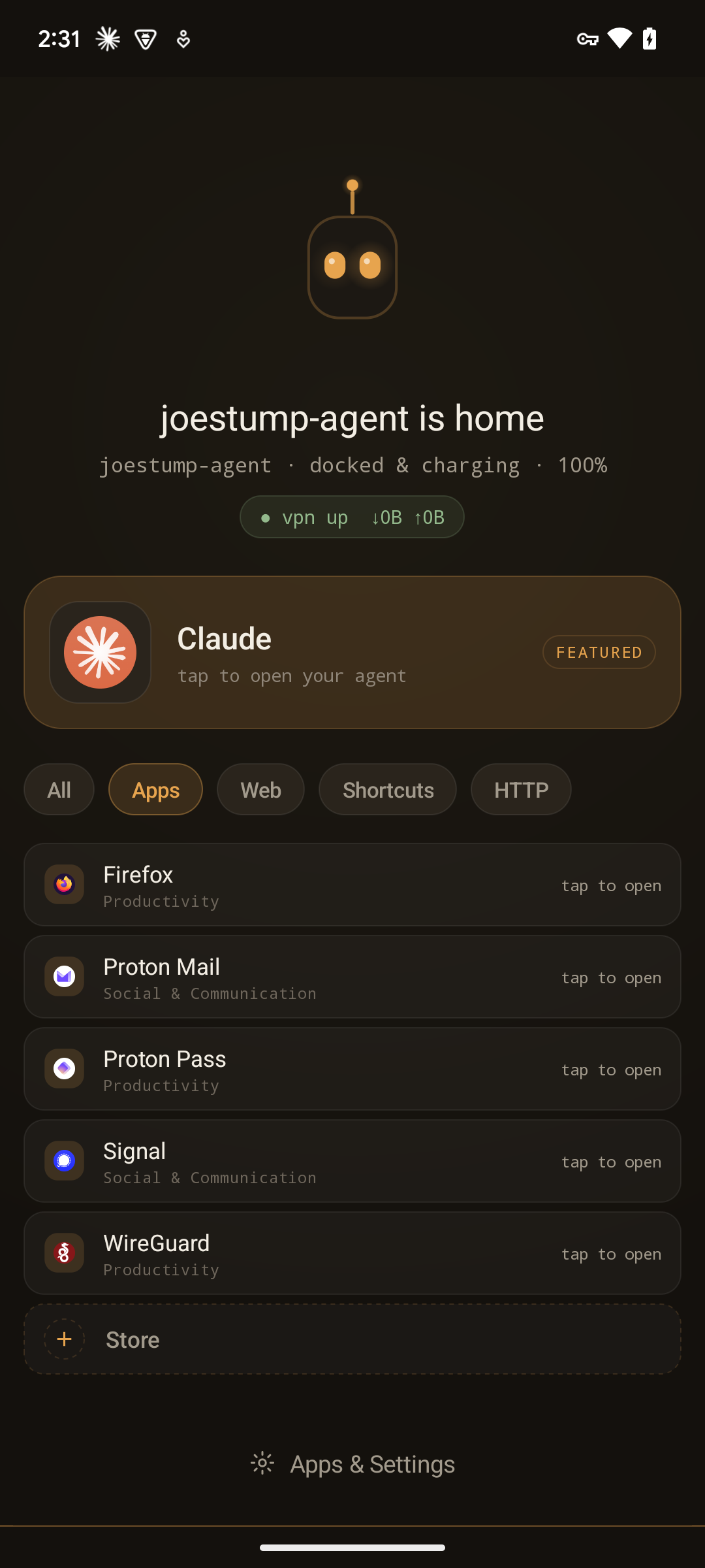 Slim density — the unified grid as a compact list: small disc + title, the metadata subtitle, and a terse right-aligned action (an app's 'tap to open', an HTTP tile's fire state)
