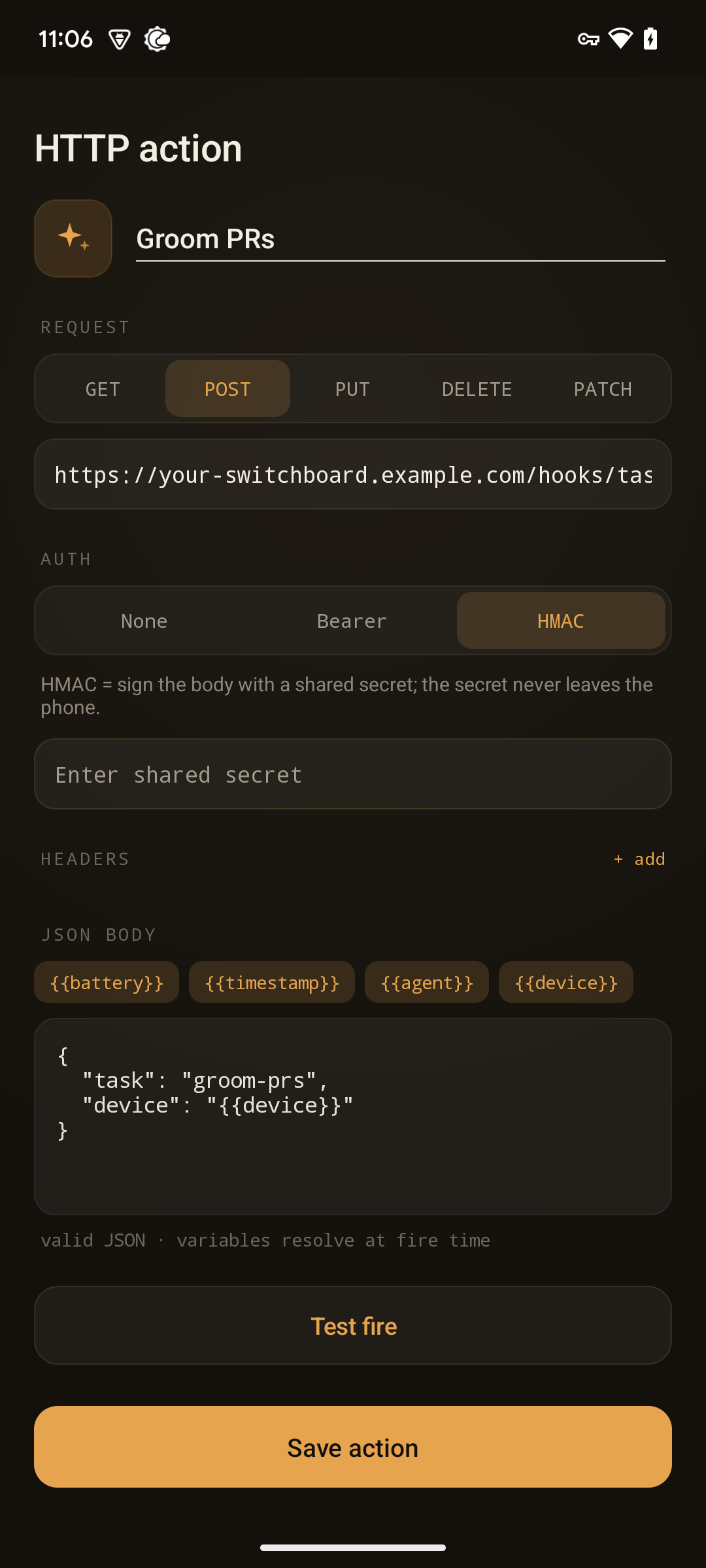 The HTTP action builder — method and auth segmented controls, a masked secret, header rows, a JSON body with variable chips and a valid-JSON hint, and Test Fire