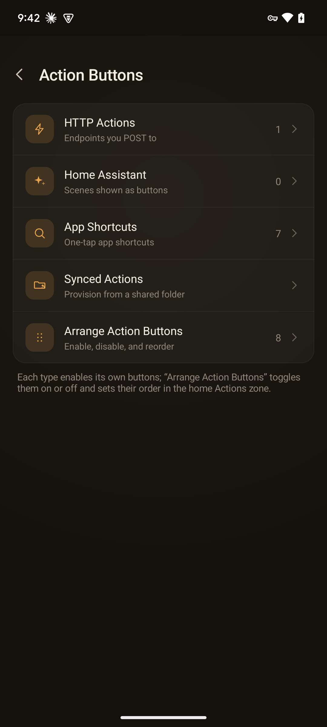 The Action Buttons landing — rows for HTTP Actions, Home Assistant, App Shortcuts, Synced Actions, and Arrange Tiles