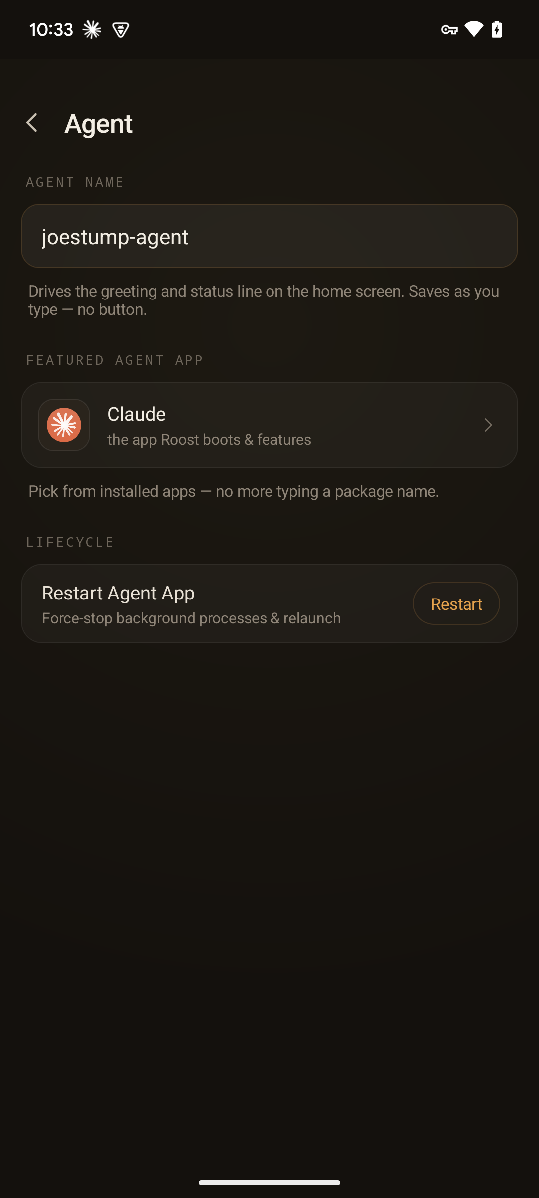 The Agent detail screen — inline agent name, the featured-app picker, and Restart Agent App