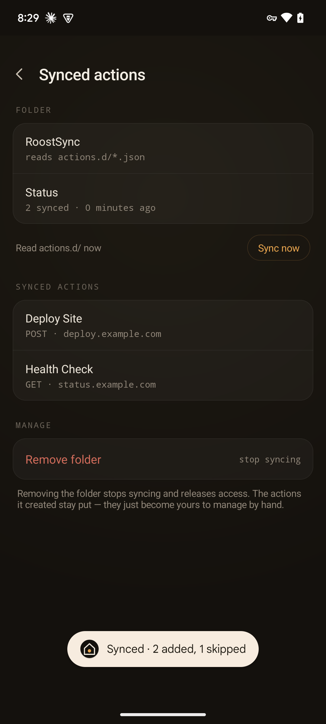 The Synced Actions screen with a folder granted — the synced actions listed with their status, a last-sync line, and Sync Now