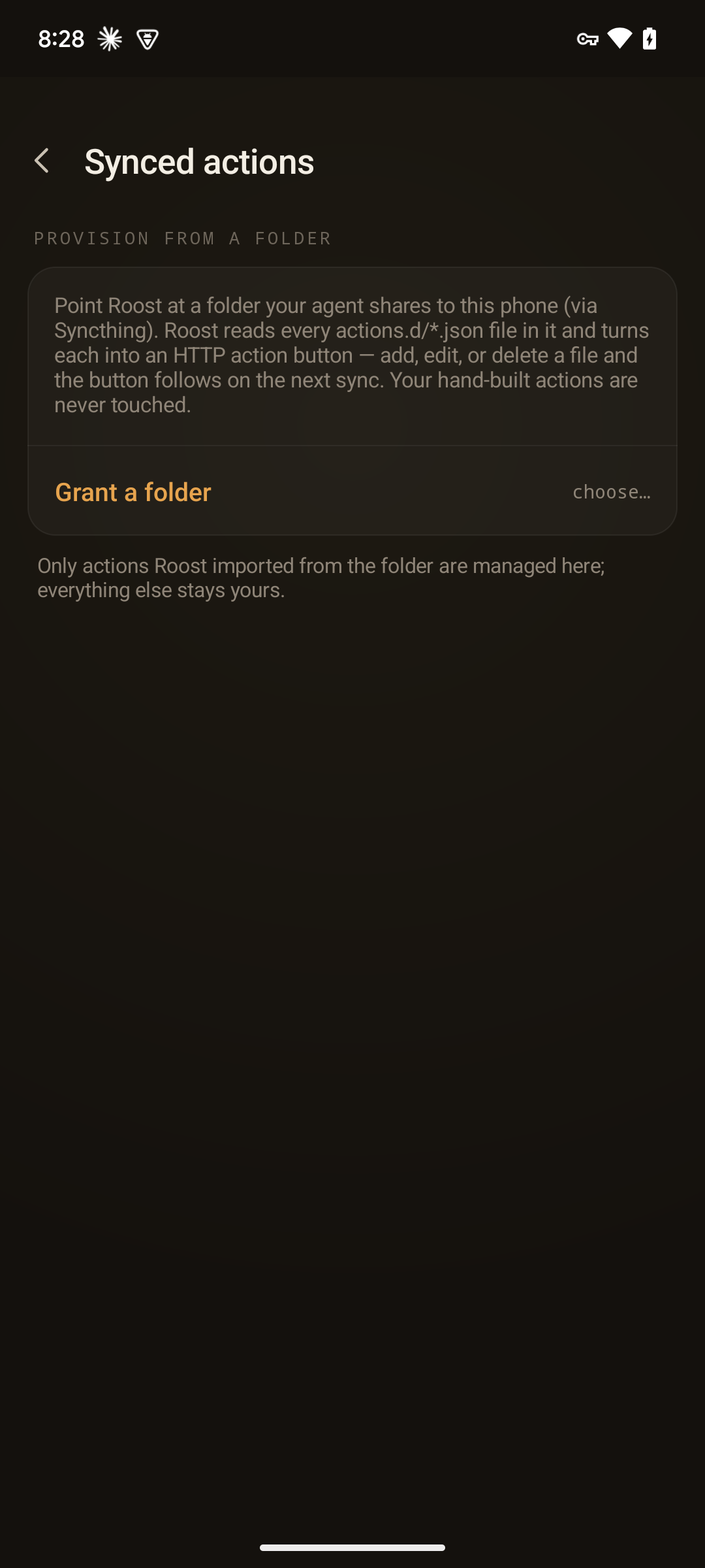 The Synced Actions screen before a folder is granted — an explainer for the actions.d/ layout and a Grant a Folder button