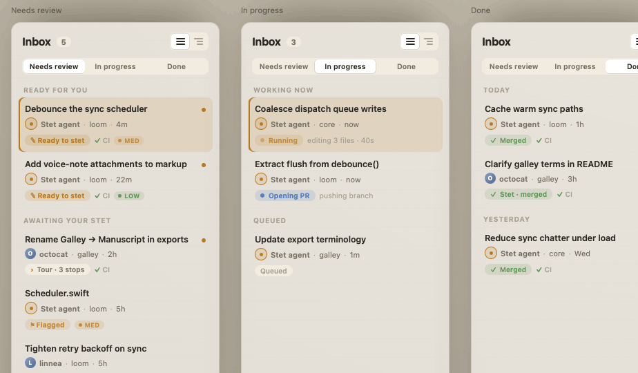 The Stet inbox — a kanban of pull requests and files awaiting your stet.
