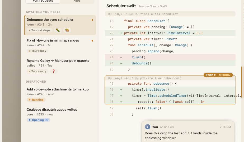 The Stet canvas — a Scheduler.swift diff with a guided Tour stop and an anchored margin comment asking a question about the change.
